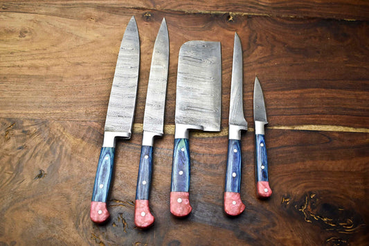 Lot of 5 Handmade Damascus Steel Blade Chef Knife Set – Full Tang, Hammered Finish
