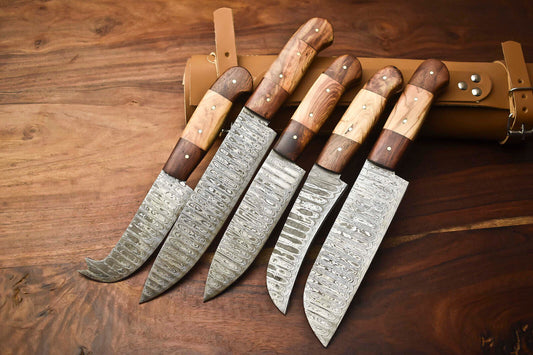 Lot of 5 Handmade Damascus Steel Blade Chef Knife Set with Leather Bag