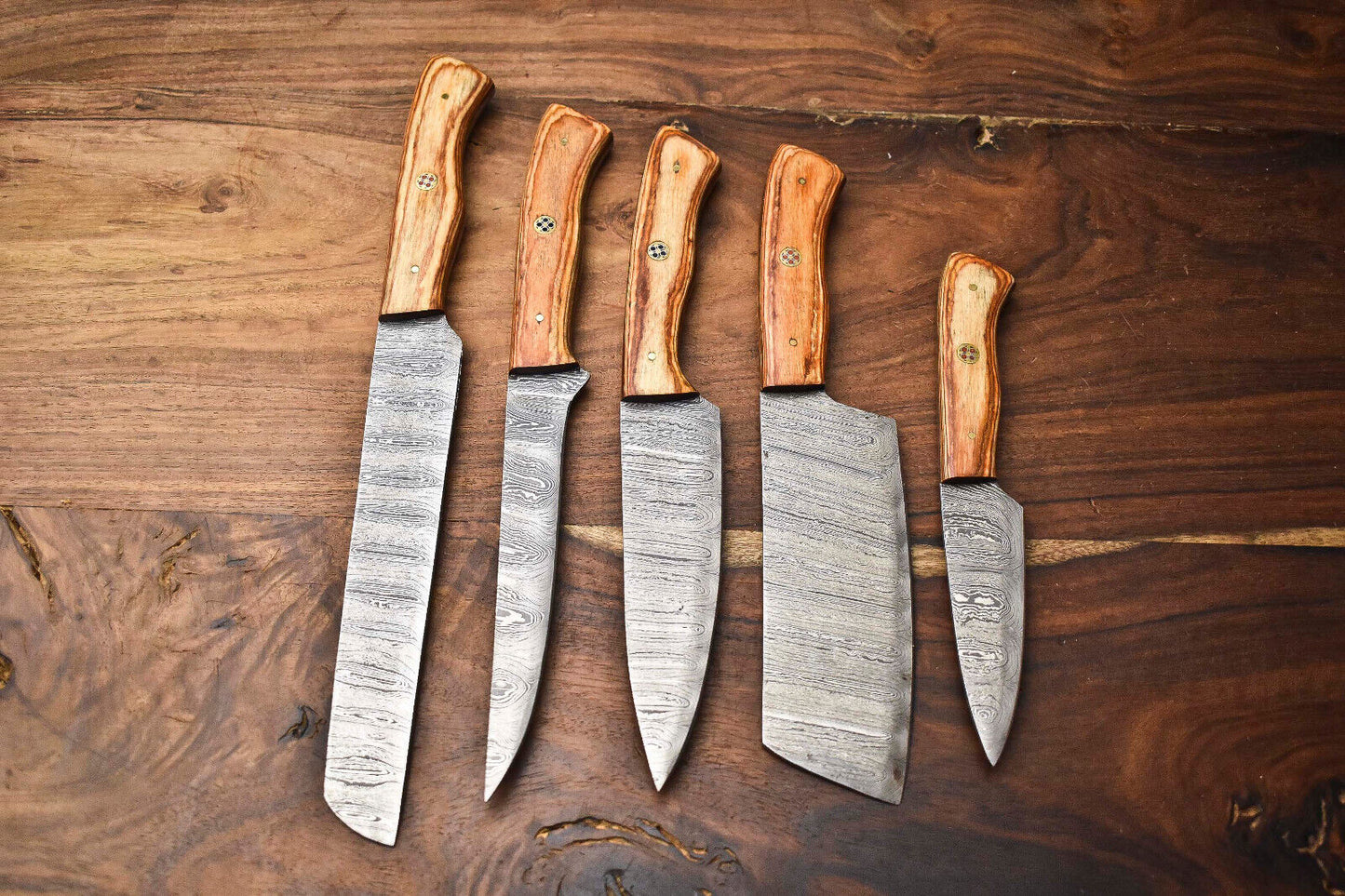 Lot of 5 Handmade Damascus Steel Blade Chef Knife Set with Leather Bag – 100% Handmade