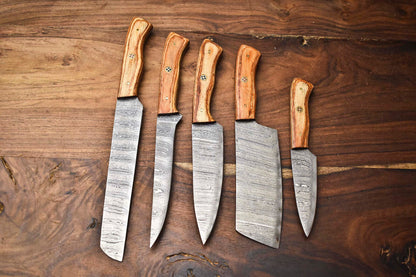 Lot of 5 Handmade Damascus Steel Blade Chef Knife Set with Leather Bag – 100% Handmade