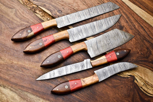 Lot of 5 Handmade Damascus Steel Chef Knives – 384 Layer Professional Kitchen Set