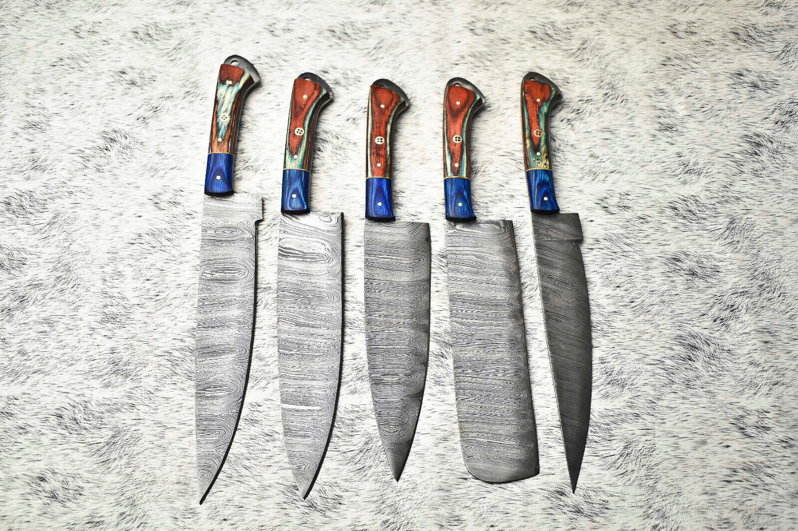 Lot of 5 Handmade Damascus Steel Chef Knives – Full Tang Kitchen Knife Set