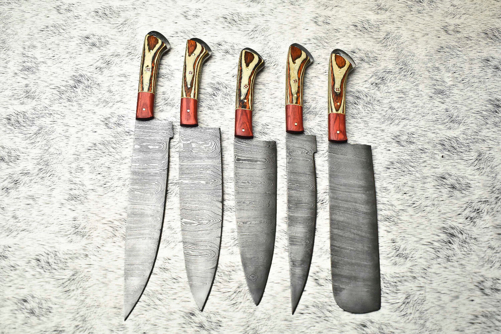 Lot of 5 Handmade Damascus Steel Full Tang Chef Knife Set | Hard Wood