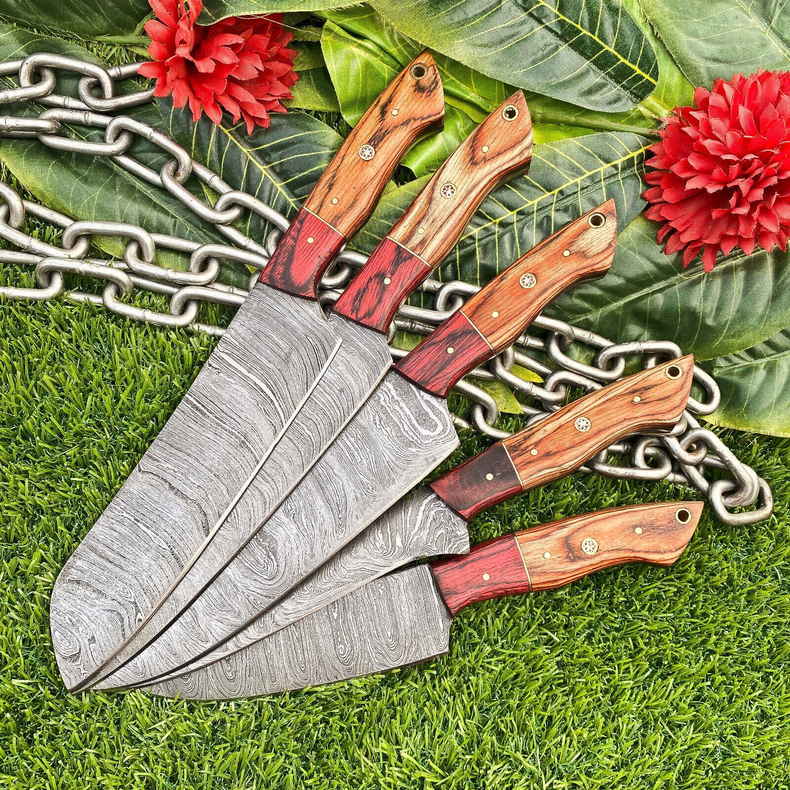 Lot of 5 Handmade Damascus Steel Full Tang Chef Knife Set – Premium Hardwood Handle 