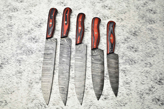 Lot of 5 Handmade Full Tang Damascus Steel Chef Knives | Premium Cutlery Set