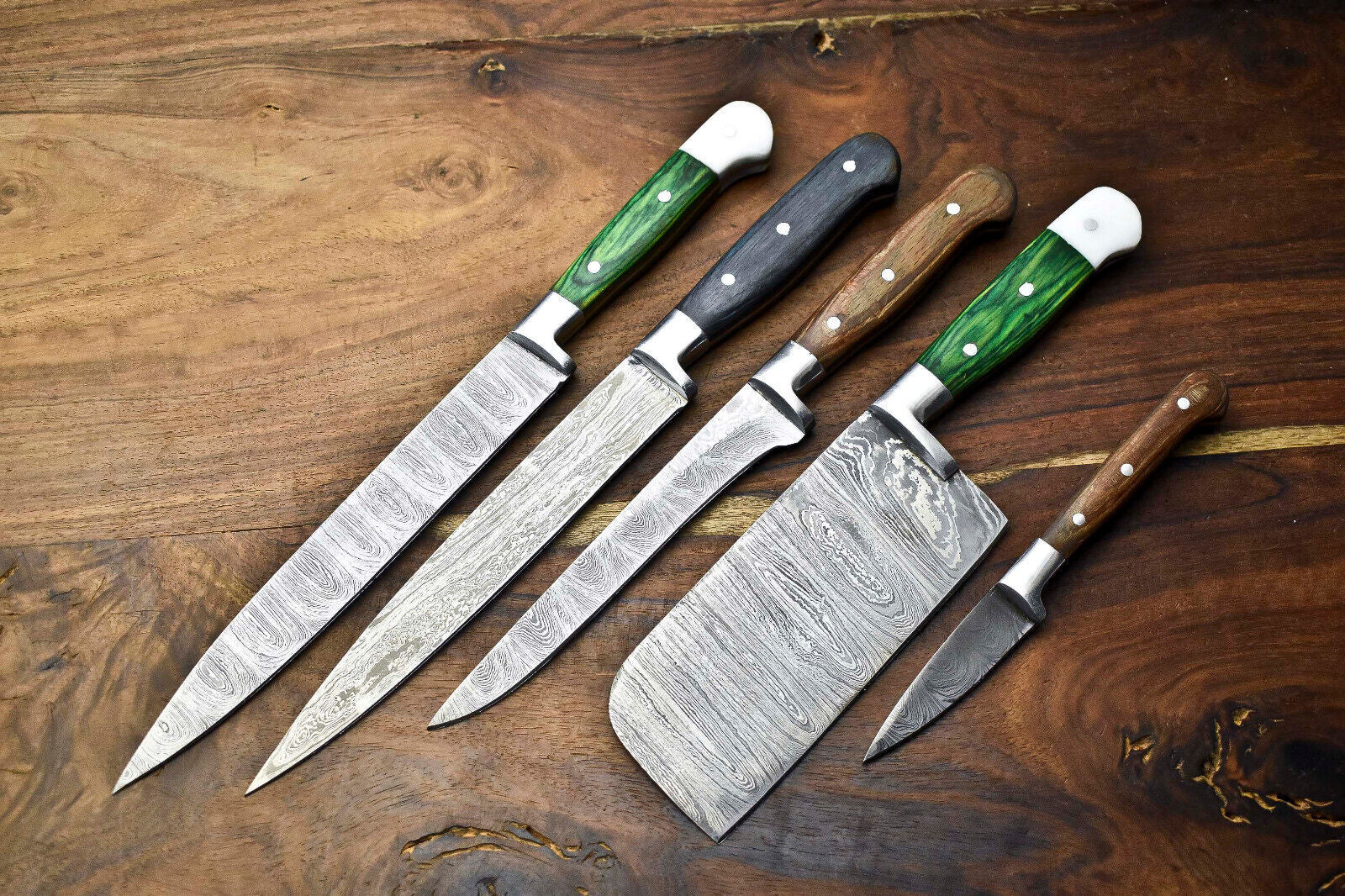 Lot of 5 Handmade Hammered Damascus Steel Blade Chef Knife Set – 384 Layer Full Tang Design