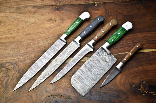 Lot of 5 Handmade Hammered Damascus Steel Blade Chef Knife Set – 384 Layer Full Tang Design