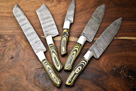 Lot of 5 Handmade Hammered Damascus Steel Blade Chef Knife Set – Full Tang Professional Kitchen Knives