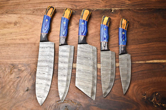  Lot of 5 Handmade Hammered Damascus Steel Blade Chef Knife Set – Professional Kitchen Knives