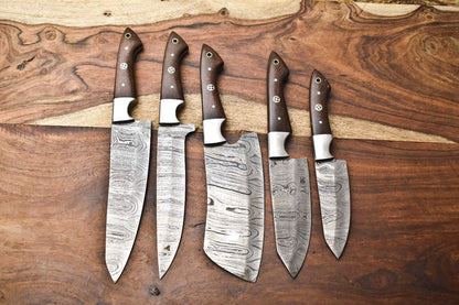 Lot of 5 Handmade Hammered Damascus Steel Blade Chef Knife Set – Professional Knives