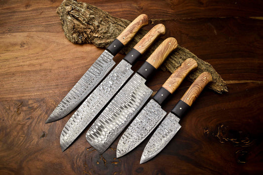  Lot of 5 Handmade Hammered Damascus Steel Chef Knife Set – Full Tang, 384 Layers