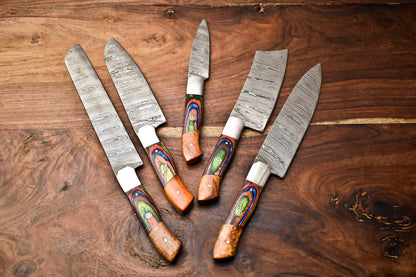 Lot of 5 Handmade Hammered Damascus Steel Chef Knives – 384 Layers, Full Tang, 58–60 HRC