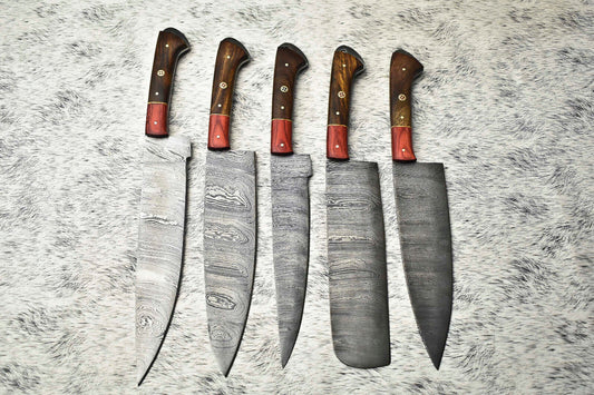Lot of 5 Handmade Hammered Damascus Steel Chef Knives – Full Tang with Hard Wood Handles