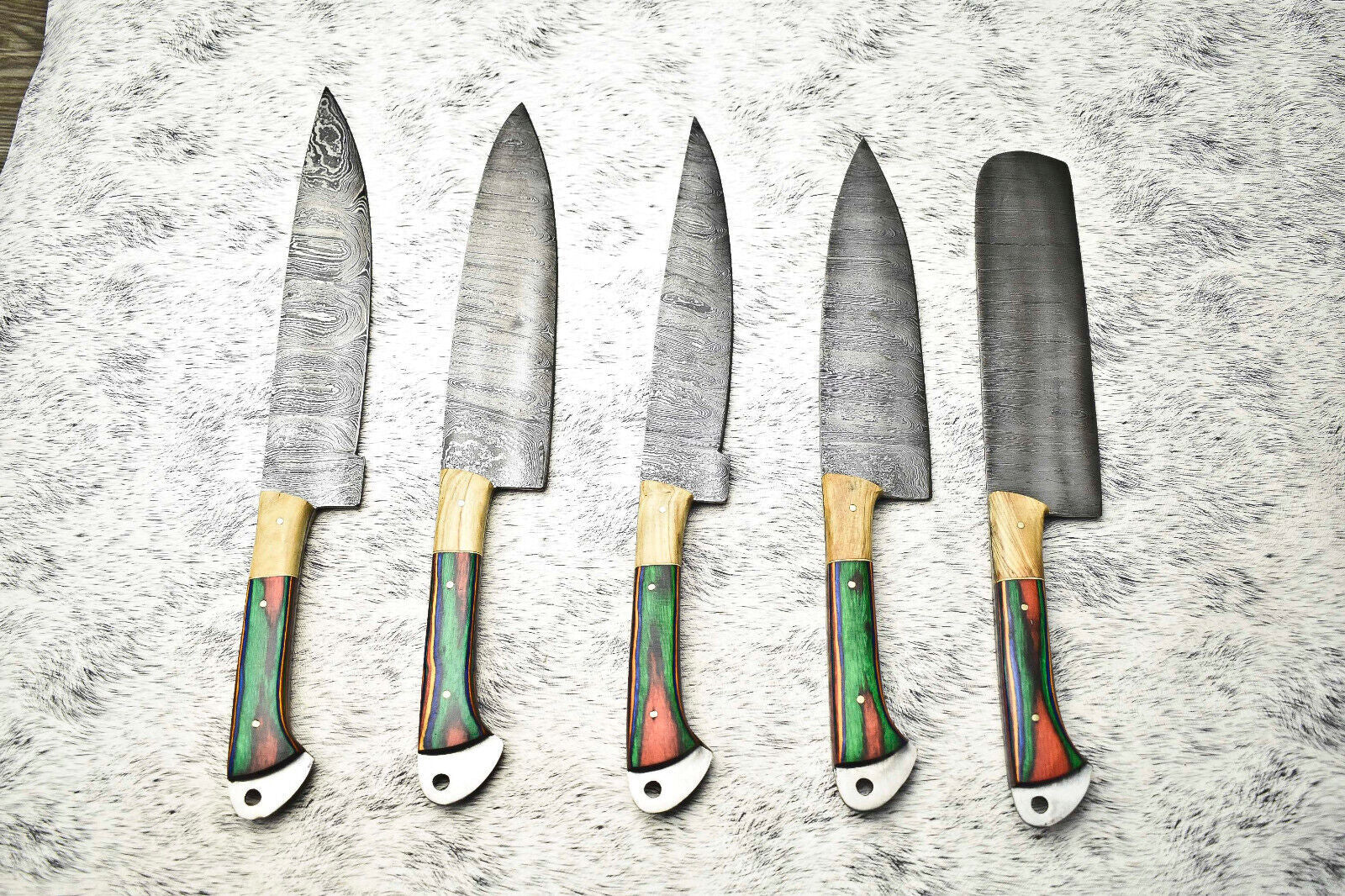 Lot of 5 Handmade Hammered Damascus Steel Chef Knives Set | Custom Kitchen Knife Collection