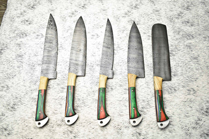 Lot of 5 Handmade Hammered Damascus Steel Chef Knives Set | Custom Kitchen Knife Collection
