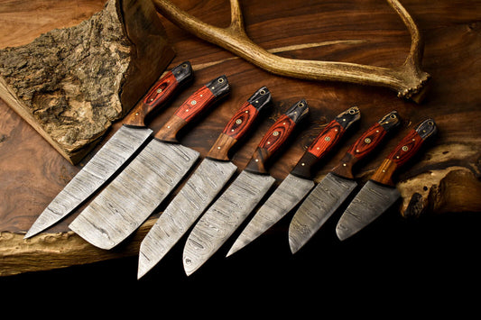 Lot of 7 Handmade Damascus Steel Chef Knives Set Full Tang Kitchen Knife Set

