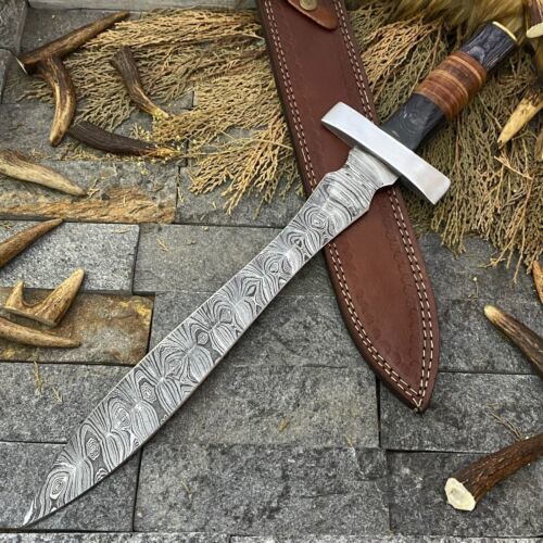 Massive 20 Inch Handmade Damascus Steel Bowie Knife with Wood Handle and Sheath