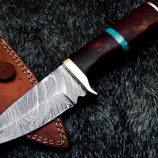 Mini 9 Inch Damascus Hunting Knife | Natural Wood Handle