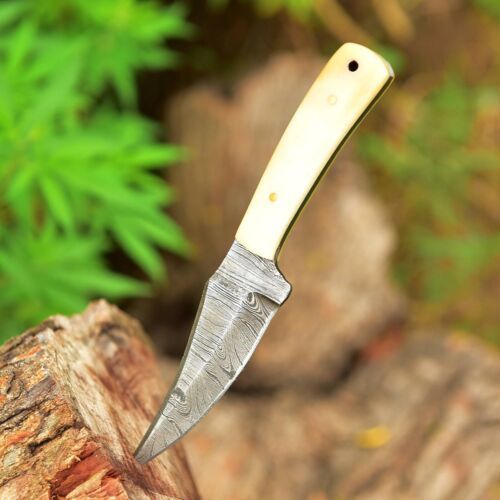 Mini Fixed Blade Damascus Skinner Knife with Camel Bone Handle and Leather Sheath