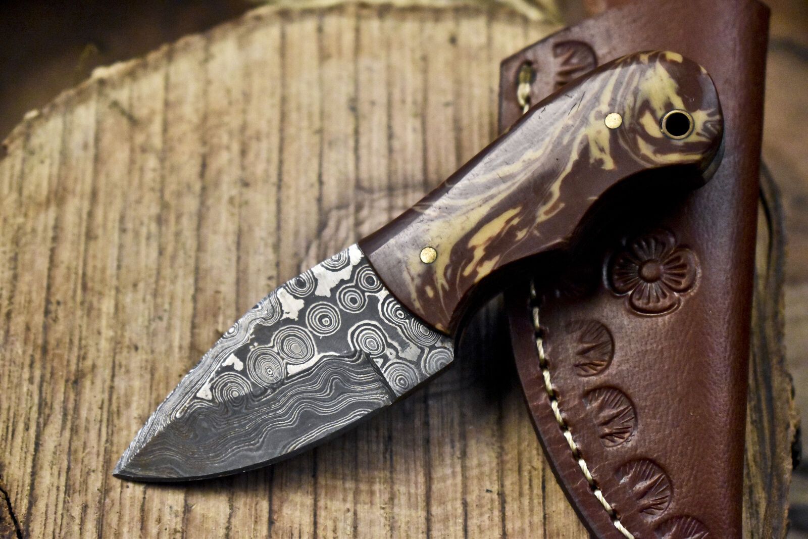 Miniature Damascus Skinner Knife Rain Drop Corain Handle Custom Camping Tool