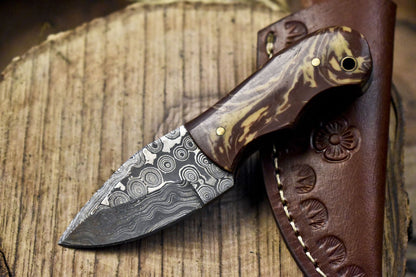 Miniature Damascus Skinner Knife Rain Drop Corain Handle Custom Camping Tool