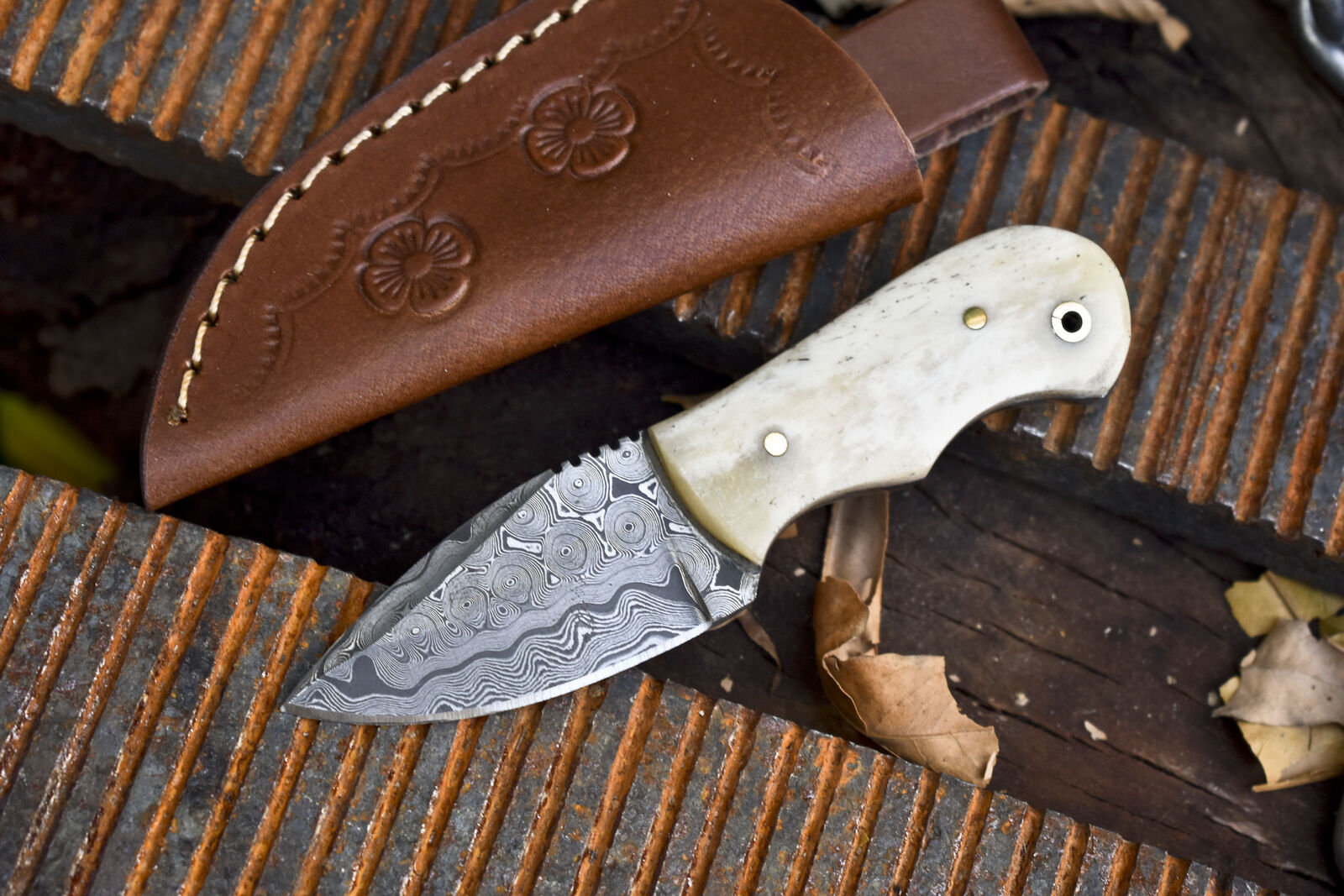 Miniature Rain Drop Damascus Skinner Knife with Bone Handle – Hand Forged Collectible