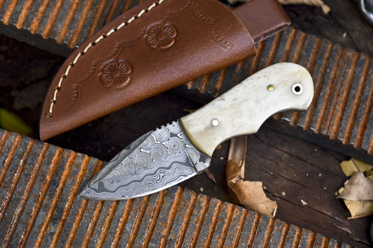 Miniature Rain Drop Damascus Skinner Knife with Bone Handle – Hand Forged Collectible