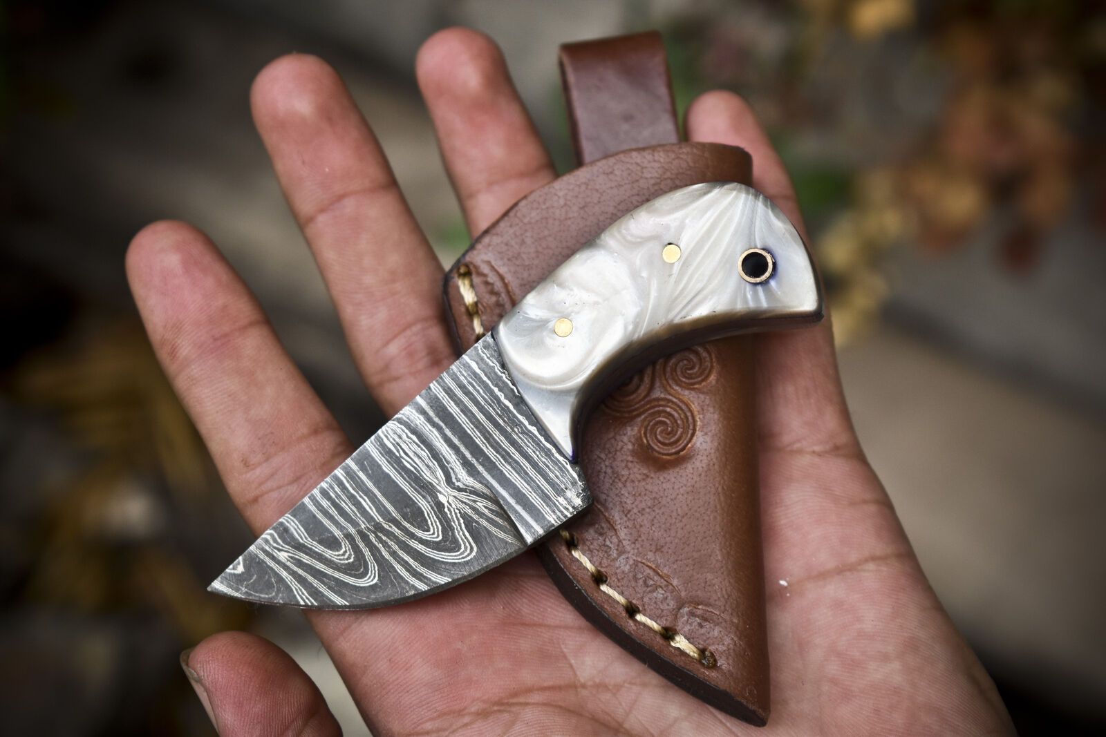 Miniature Twist Damascus Skinner Knife Hand Forged Corain Handle for Hunting and Sports