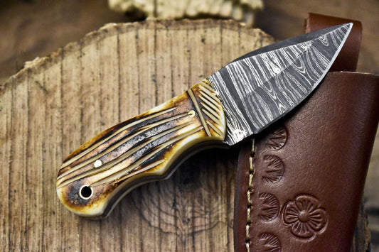 Miniature Twist Damascus Skinner Knife with Bone Handle for Fishing and Hunting