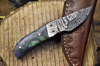 Miniature Twist Damascus Skinner Knife with Corain Handle for Outdoor Use