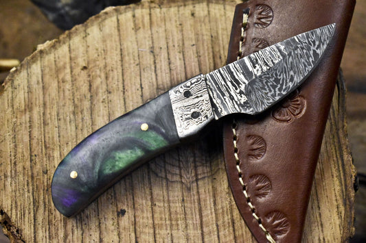 Miniature Twist Damascus Skinner Knife with Corain Handle for Outdoor Use