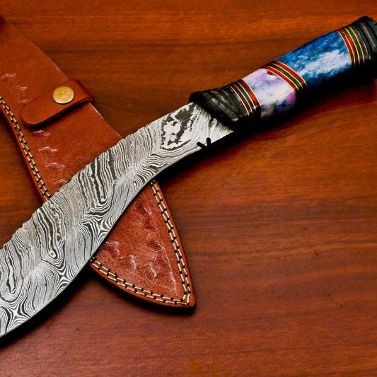 Mountain Fang 15 Inch Damascus Kukri Bowie Knife | Bone & Wood Handle with Leather Sheath