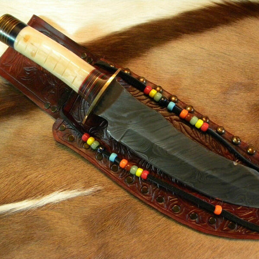 Mountain Man Damascus Bowie Knife | Bone Handle & Handmade Leather Sheath