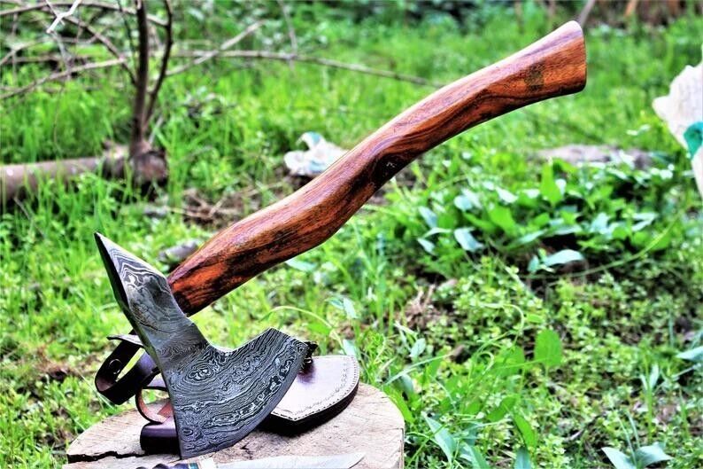 Multi Purpose Viking Handmade Damascus Steel Tomahawk Axe with Rosewood Handle and Leather Sheath