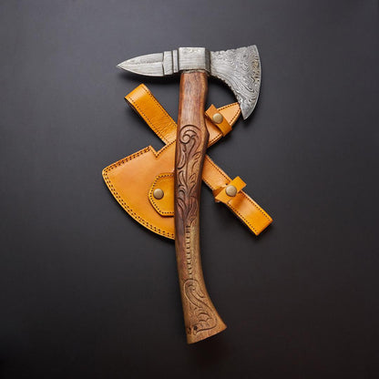 New Custom Handmade Damascus Steel Battle Axe | Hand Forged Axe With Rosewood Handle & Leather Sheath