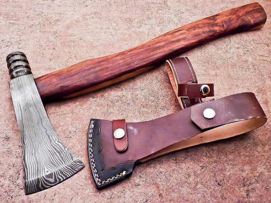 New Handmade Damascus Steel Axe | Unique Limited Edition 19-Inch Axe with Natural Wood Handle & Leather Sheath
