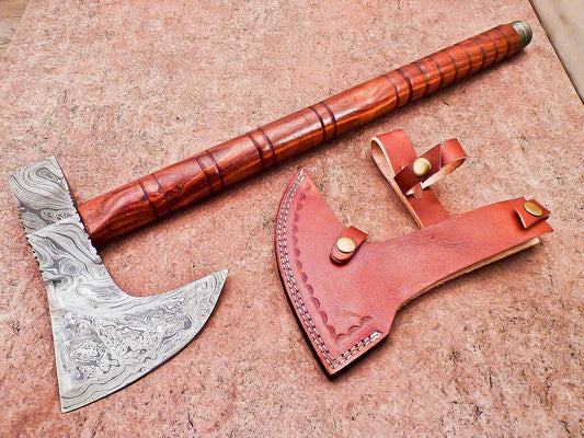 New Handmade Damascus Steel Axe | Unique Limited Edition 21-Inch Axe with Natural Wood Handle & Leather Sheath