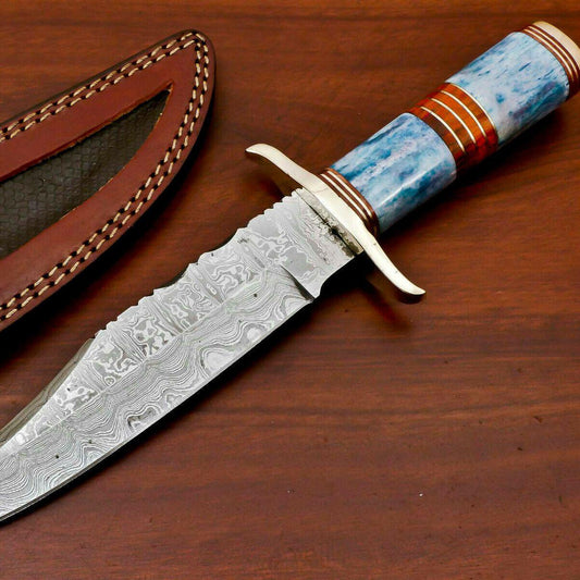 Nomads Edge 12” Damascus Bowie Knife | Stained Camel Bone & Pakka Wood Handle with Brass Guard