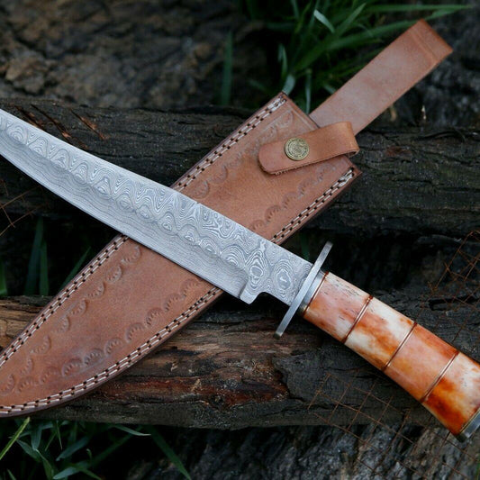 Personalized Custom Handmade Damascus Bowie Hunting Knife with Leather Sheath