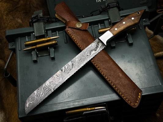 Premium Handmade Damascus Steel Bread Knife – Wood Handle & Leather Sheath 