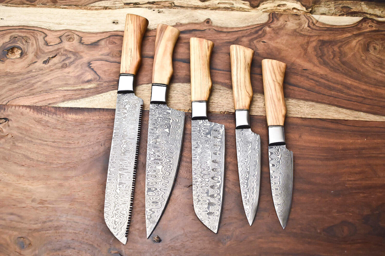 Premium 5-Piece Handmade Hammered Damascus Steel Chef Knife Set – Full Tang, Artisan Blades