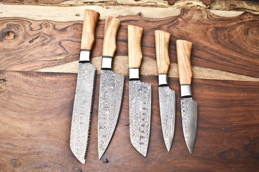 Premium 5-Piece Handmade Hammered Damascus Steel Chef Knife Set – Full Tang, Artisan Blades