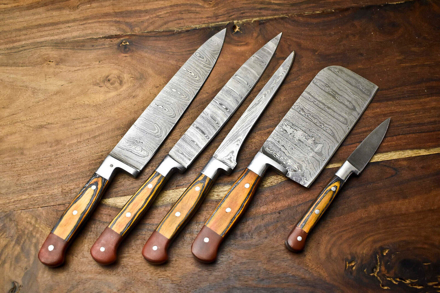 Premium 5-Piece Handmade Hammered Damascus Steel Chef Knife Set – Full Tang Kitchen Knives