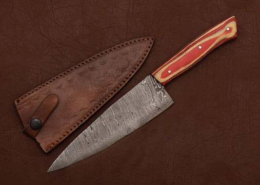 Premium Custom Damascus Steel Kitchen Chef Fillet Knife with Pakka Wood Handle & Leather Sheath