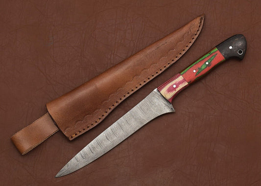 Premium Custom Handmade Damascus Steel Chef Fillet Knife with Pakka Wood Handle & Leather Sheath