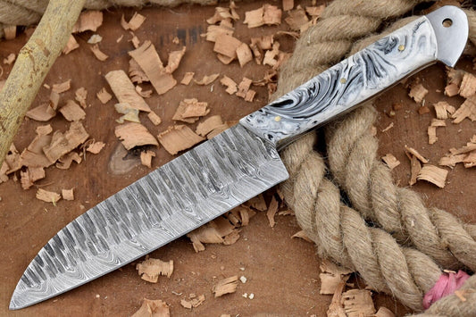 Premium Custom Handmade Forged Damascus Steel Chef Knife with White & Black Raisin Handle