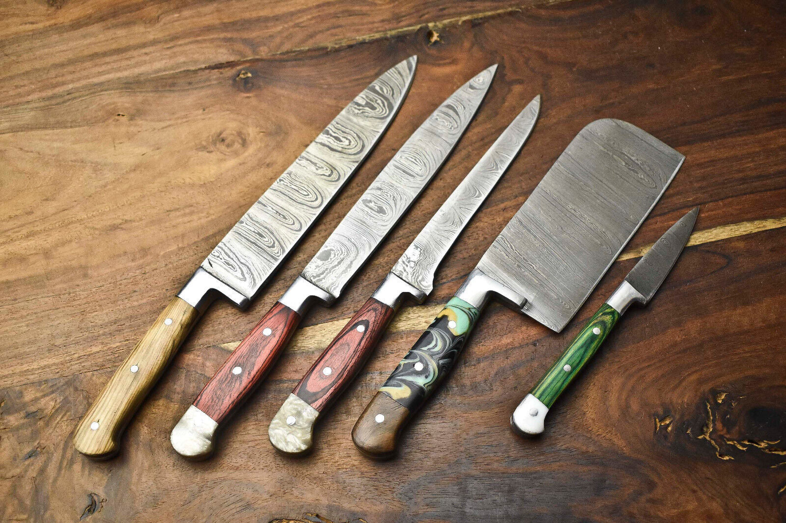 Premium Custom Set of 5 Handmade Hammered Damascus Steel Chef Knives – Authentic 384-Layer Blades