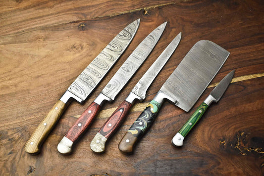 Premium Custom Set of 5 Handmade Hammered Damascus Steel Chef Knives – Authentic 384-Layer Blades