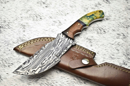 Premium Hand-Forged Damascus Tracker Knife with Leather Sheath