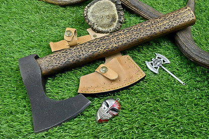 Premium Hand-Forged Viking Tomahawk Axe with Rosewood Handle and Leather Sheath